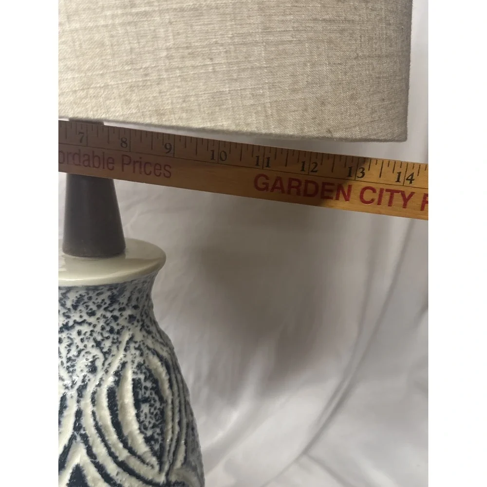 VTG MCM Pottery Lamp Geometric Textured Blue Black White Groovy Design Wood Neck